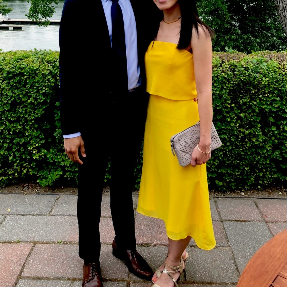 JJs House US S or size 2 yellow strapless midi cocktail chiffon dress